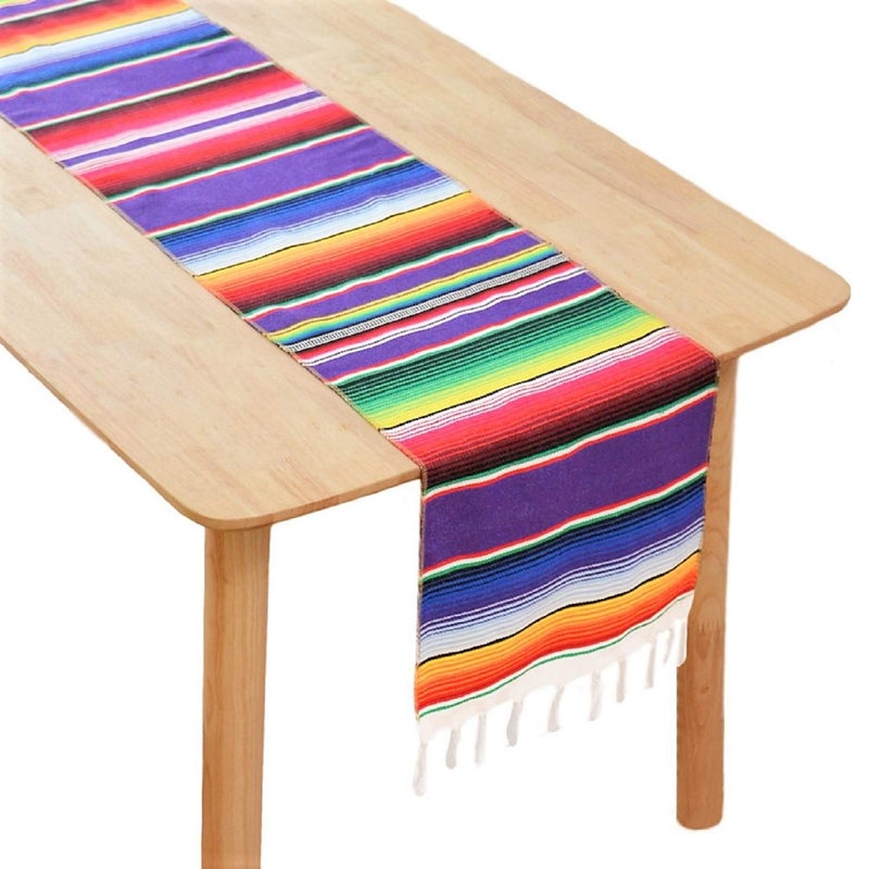 BOXAN Mexican Serape Table Runner for Mexican Party Wedding Decorations Outdoor Picnics Dining Table, Fringe Cotton Blanket Fiesta Table Runners, 14 x 84 Inch - Image 1